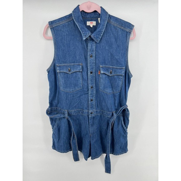 LEVIS 70s Denim Romper Shorts w Belt Orange Tab Cotton/Hemp Western L RARE